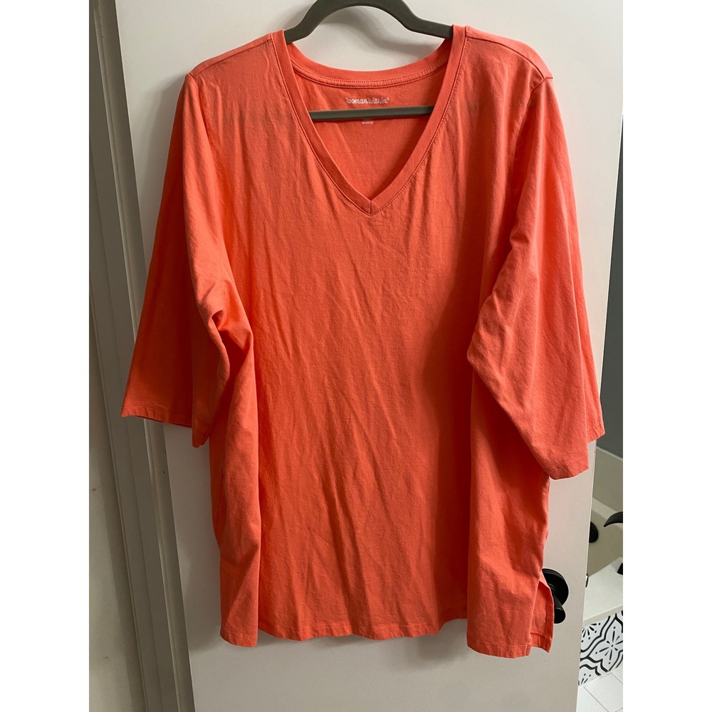 Woman Within Coral Orange V-Neck 3/4 Sleeve 100% Cotton Shirt Plus Size 2X 26/28